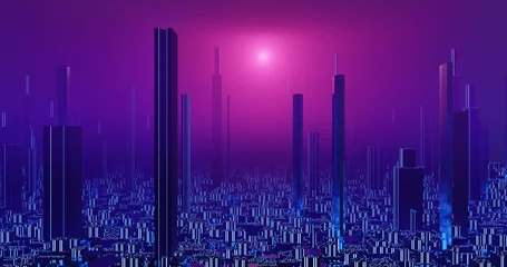 Deurstickers This image is an original NON-AI digital rendering! 3D illustration: Blue future city night skyline with dark red dwarf star sky. © John Hanson Pye