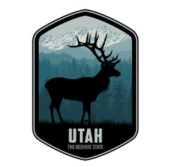 Utah vector label with Rocky Mountain Elk and rocky mountains