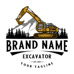 excavator vector logo. mountain and pine tree excavators for construction, land clearing and construction companies. © rina