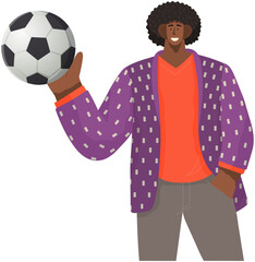 Smiling african american male character standing holding soccer ball in hand, football club fan. Dark skinned man with sport equipment soccer ball, professional trainer, sporty guy isolated on white