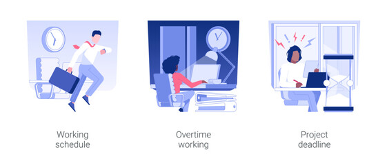 Business hours isolated concept vector illustration set. Working schedule, overtime work at night, project deadline, stressed employee, countdown timer, corporate culture vector cartoon.