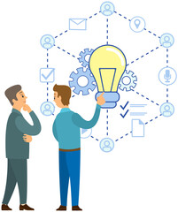 Business teamwork, communication. Employees discussing new idea. Successful negotiations. Development of new project, collaboration. Team building, brainstorming concept. Businessmen working together