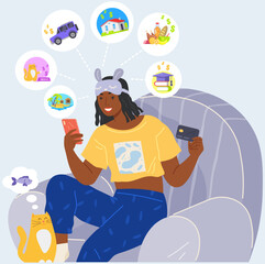 Person use mobile cashless payment system for paying for orders online, shopping for goods and services. Character using digital banking service and application for bonuses accumulation in phone