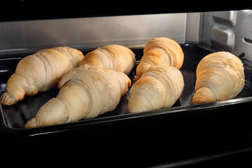 Six croissants baking and rising on tray in electric oven. French cuisine, homemade bakery,...