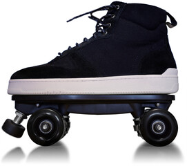 Clipping isolated photography on white background of a roller skate quad from side with four wheels...