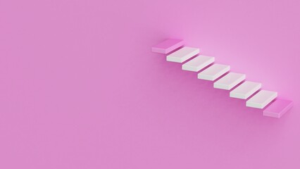 Pink stairs leading to white top and bottom step under pink background. Concept 3D CG of success process, cramming for exams and road to wealth.