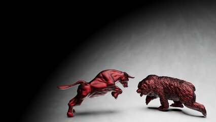 Obraz premium Red metallic bull and bear sculpture staring at each other in dramatic contrasting light representing financial market trends under white-black background. Concept 3D CG of stock market trends.