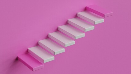 Pink stairs leading to white top and bottom step under pink background. Concept 3D CG of success process, cramming for exams and road to wealth.