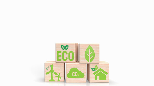 The eco icon on wood cube for ecology concept 3d rendering