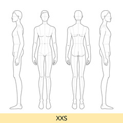 Set of XXS size Men Fashion template 9 nine head extra small size Croquis with main lines model skinny body figure front, side, back view. Vector outline sketch for Fashion Design, technical drawing