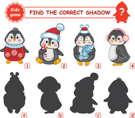 Cute Christmas penguins, find correct shadow shape. Education matching children game. Arctic animals in New Year winter clothes. Search similar silhouette pair. Kids preschool logical puzzle. Vector