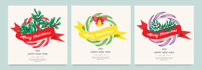 Merry Christmas vintage label with watercolor green fir branches. Watercolor vector invitations isolated on white background