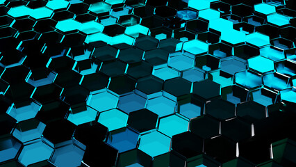 hexagon pattern, Futuristic surface concept with hexagons. Abstract Honeycomb, hexagonal grid,  ultramarine sky blue, Technologic electricity backdrop, 3d render