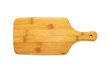 wooden cutting board on white background. Texture, reading space.