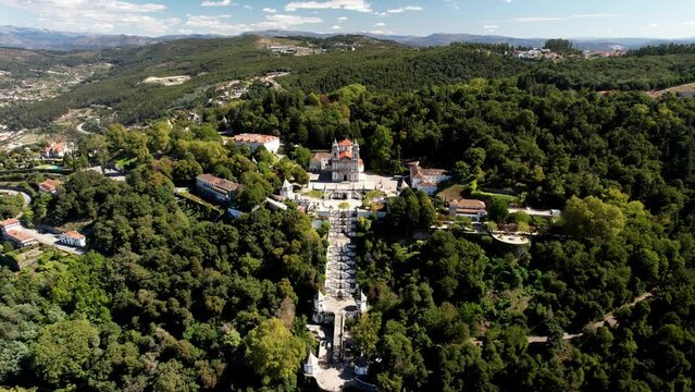 Aerial vertical view of Bom Jesus church in Braga, Portugal. This sanctuary is a notable example of Christian pilgrimage site with a monumental, Baroque stairway that climbs 116 meters