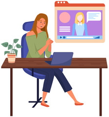 Video call, podcast concept. Woman sitting at table with laptop talking to somebody on screen sitting at home or in office. Negotiation session during which participants hear and see each other