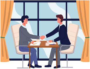 Business partnership cooperation beginning. Businessmen shaking hands after signing contract agreement. Business meeting of partners in office. Male colleagues discussing work and closing deal