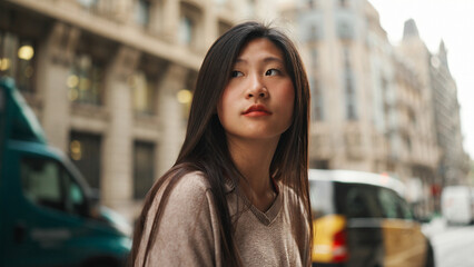 Portrait of beautiful Asian woman standing on the street with passing cars on background. Asian girl walking in downtown