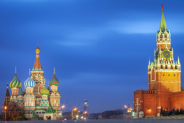 Kremlin and St. Basil's Cathedral at dramatic dawn, red square, Moscow, Russia