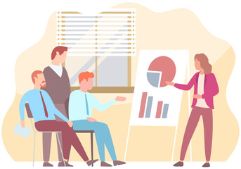 Manager makes presentation of statistical report analysis charts. Planning business. Teamwork consulting for project management, financial reporting and strategy. Data analysis research statistics