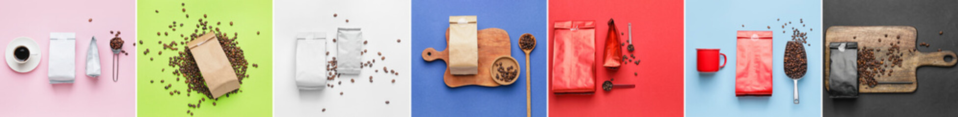 Collage of coffee bags with beans and cup of tasty beverage on color background, top view