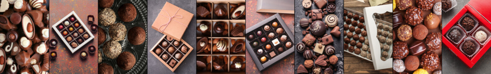 Collection of sweet chocolate candies on dark background, top view