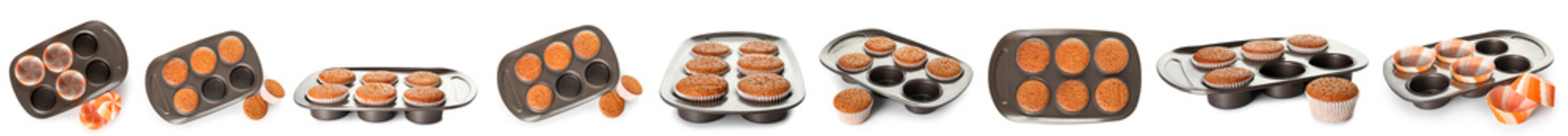 Collage of baking tray with muffins on white background