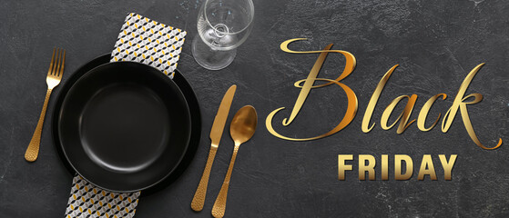 Banner with table setting and text BLACK FRIDAY on dark background