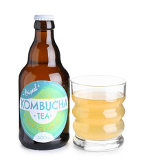 Bottle and glass of tasty kombucha tea on white background