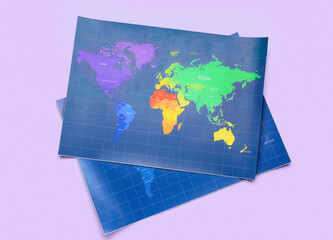 World maps on lilac background