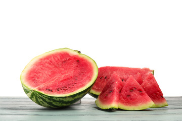 Slices of ripe watermelon on table against white background