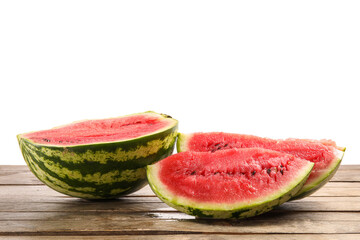 Slices of ripe watermelon on wooden table against white background