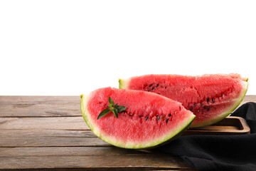 Cut watermelon with mint and napkin on wooden table against white background