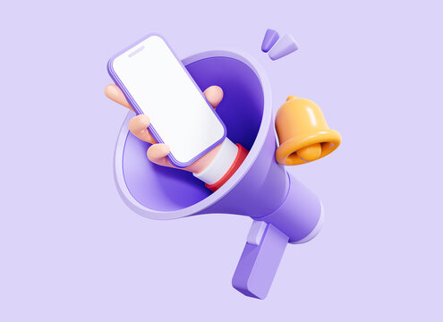 3D Megaphone with hand holding mobile phone. Online announce and social media marketing. White screen for news and promotion. Cartoon creative design icon isolated on purple background. 3D Rendering