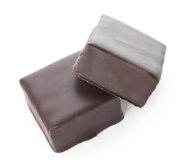 Tasty bird's milk candies on white background