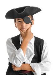 Thoughtful little boy dressed as pirate on white background