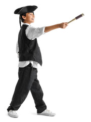 Little boy dressed as pirate with spyglass on white background
