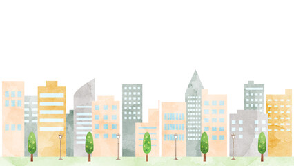 ビル群のイラスト　水彩風加工バージョン　アスペクト比16：9