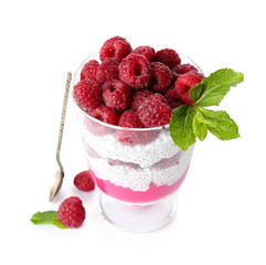 Glass with delicious chia seed pudding and raspberry on white background