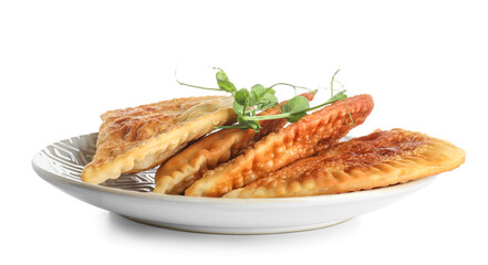 Plate with tasty chebureks and sprouts on white background