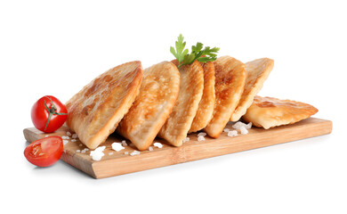 Board with tasty chebureks, parsley, tomatoes and sea salt on white background