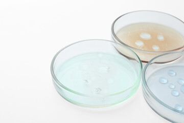 Obraz na płótnie Canvas Petri dishes with color liquids on white background, closeup