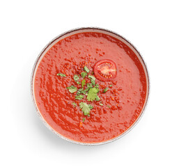 Bowl of tasty tomato soup on white background