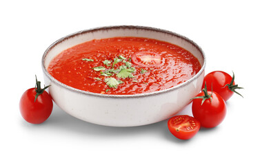 Bowl of tasty tomato soup on white background