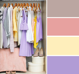 Fototapeta premium Color palette appropriate to photo of stylish women's clothes on rack in room