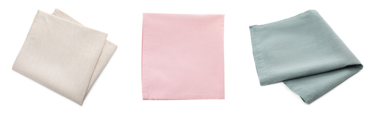 Set with different fabric napkins on white background. Banner design