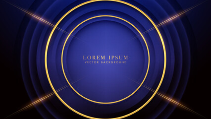 Golden line with gold circle frame and light decoration on blue background. Luxury style design concept