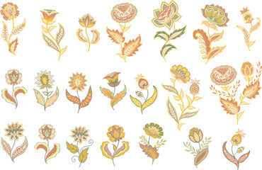 Flowers in the style of Jacobean embroidery. 21 floral elements in a pastel color scheme. Fancy flowers and leaves.