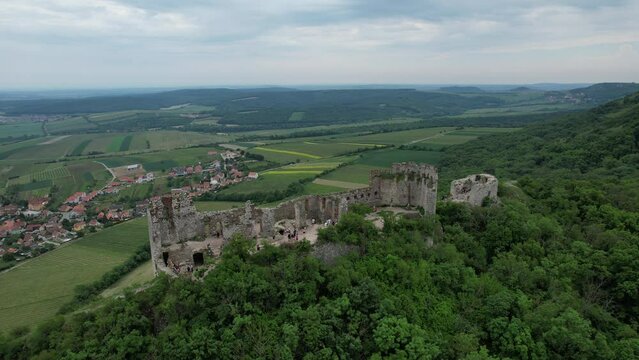 castle Devicky, Palava, Moravia region,Pavlovske vrchy, Czech Republic, aerial panorama view of Palava range,vineyards, CHKO Palava,Protected Landscape Area (Chráněná krajinná oblast Pálava)