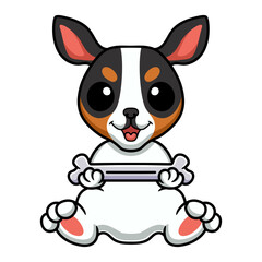 Cute rat terrier dog cartoon holding a bone